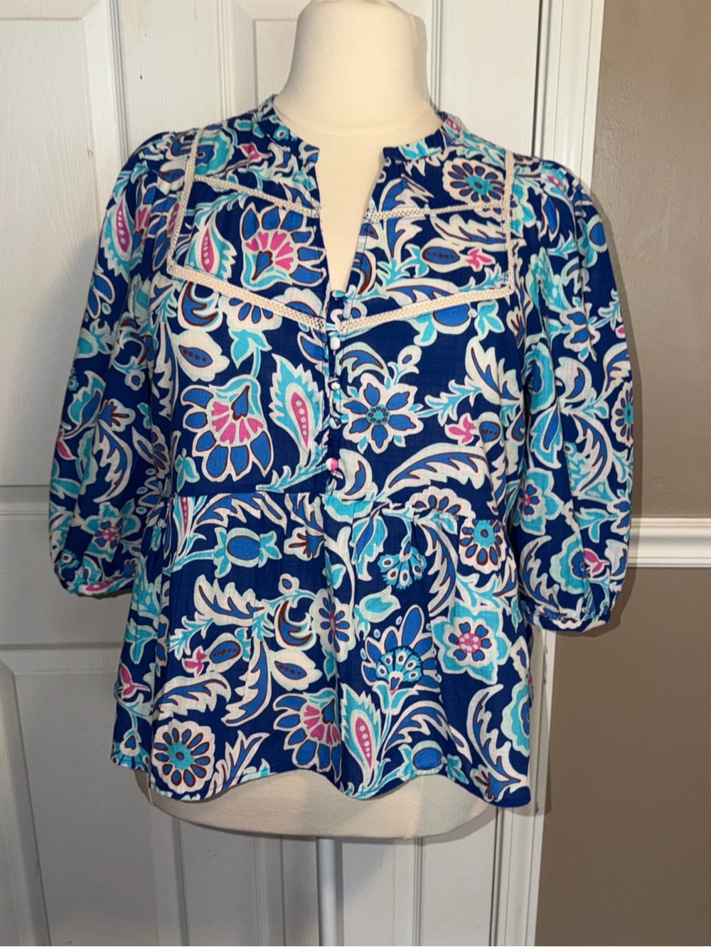 Umgee USA Blue multi Floral 3/4 sleeve Peasant Top - Relaxed Fit cotton size XL